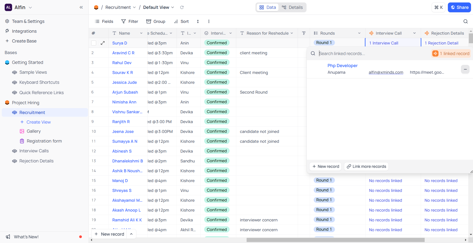 NocoDB registration table for no-code recruitment automation